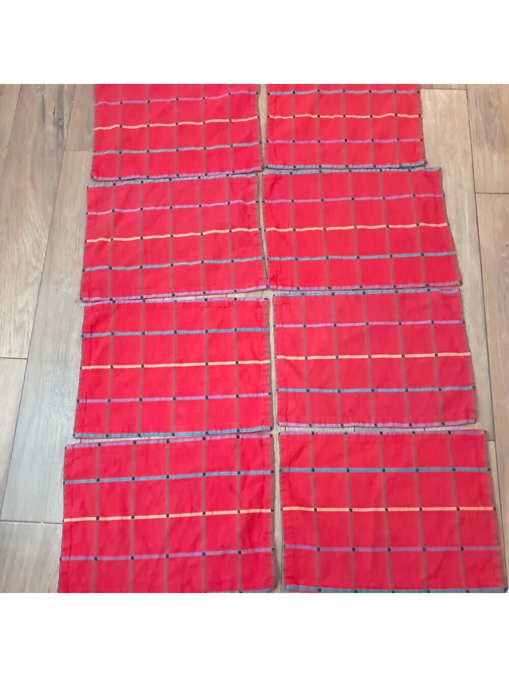 Vintage Dansk placemat set 8 red plaid windowpane rainbow cotton Ritva Puotila